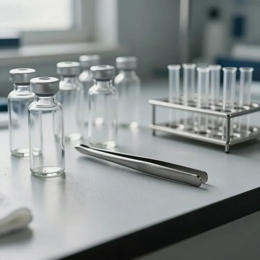 Cleanroom vials, tweezers, and sample rack on pale concrete in dramatic lab light