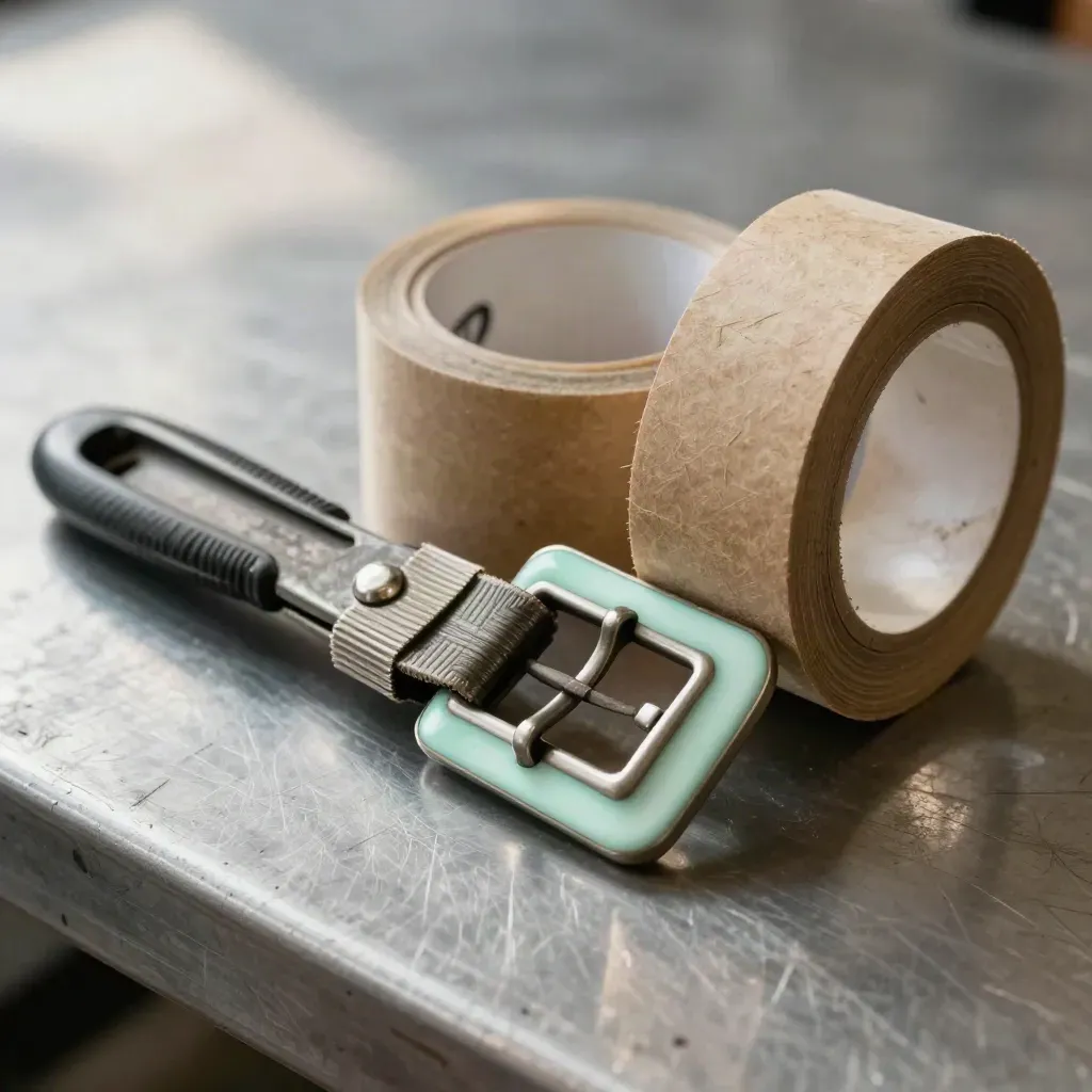 Box cutter, strapping buckle and kraft tape roll stacked on brushed metal