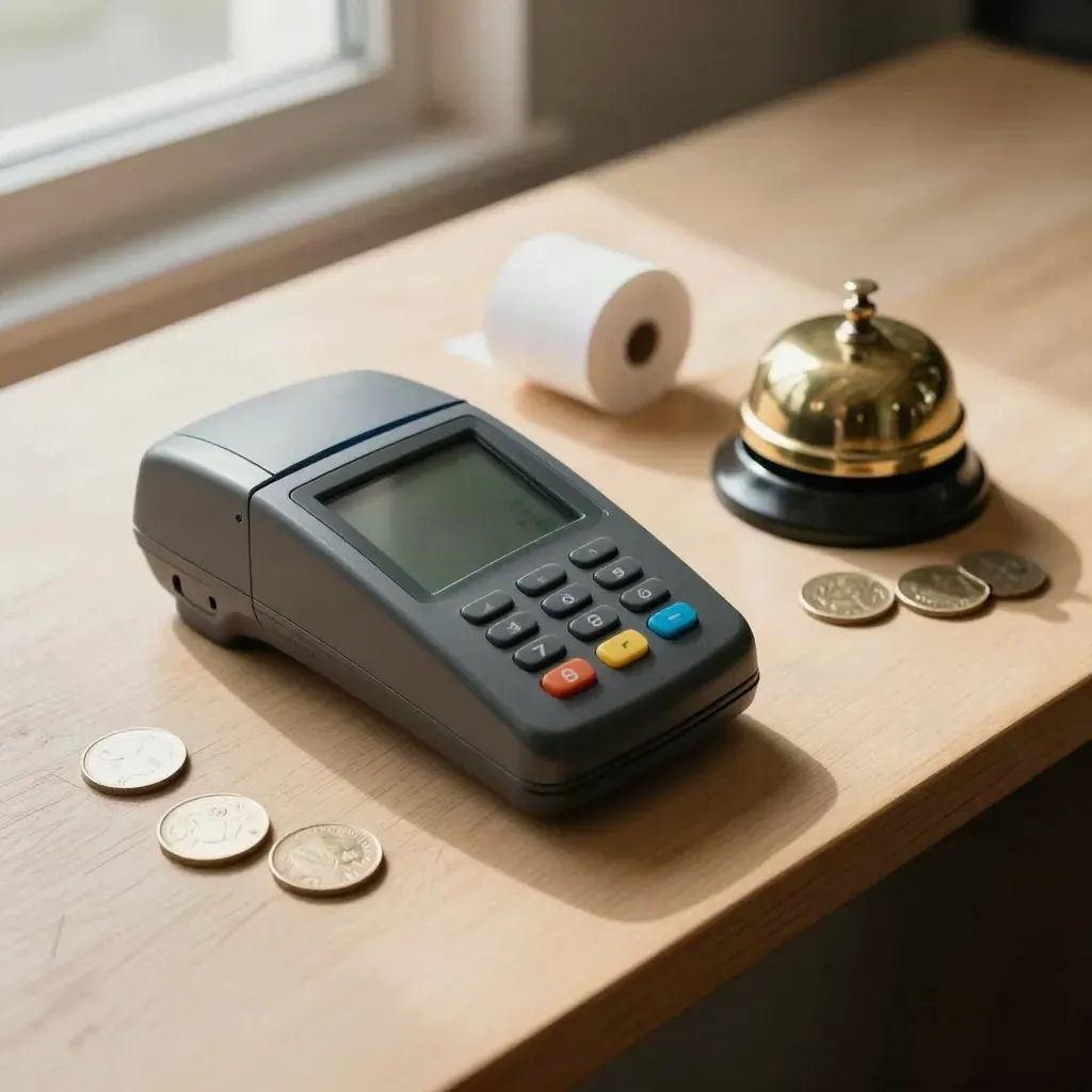 Top-down merchant counter still life with card reader, receipt roll, brass bell, and coin tray on pale wood.