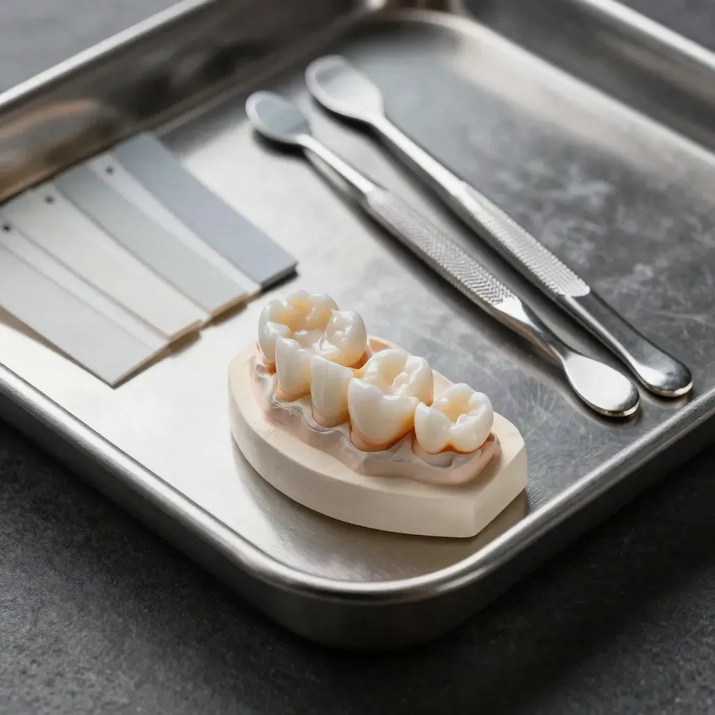 Dental lab tooth molds, spatulas, and shade tabs on a steel tray in soft macro light.
