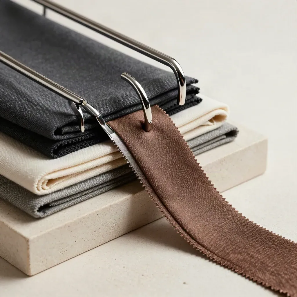 Fabric swatches, chrome hooks, and display risers on cream stone in dramatic retail still life.