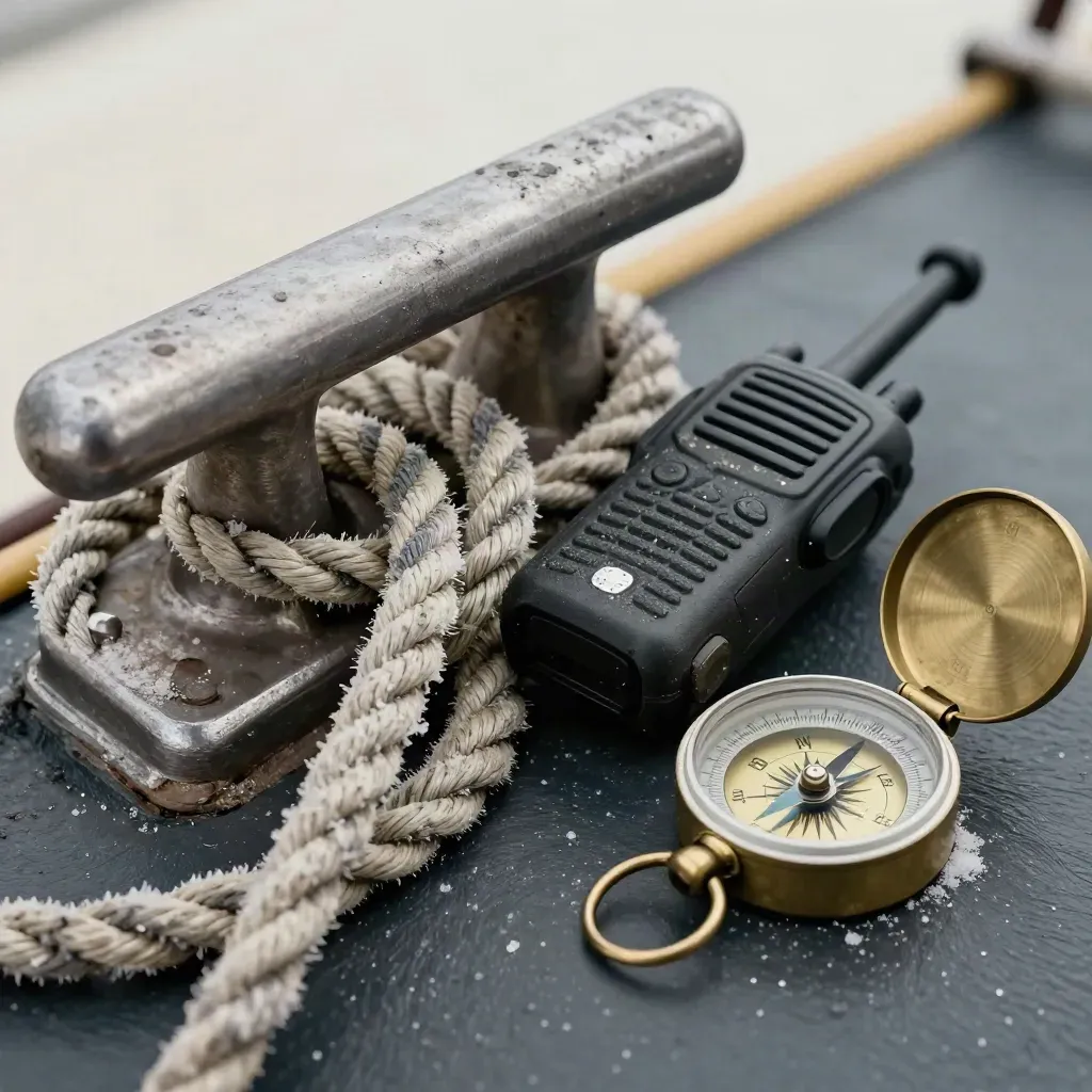 Dock cleat, rope coil, radio shell and compass case on dark slate in soft salt-dry light.