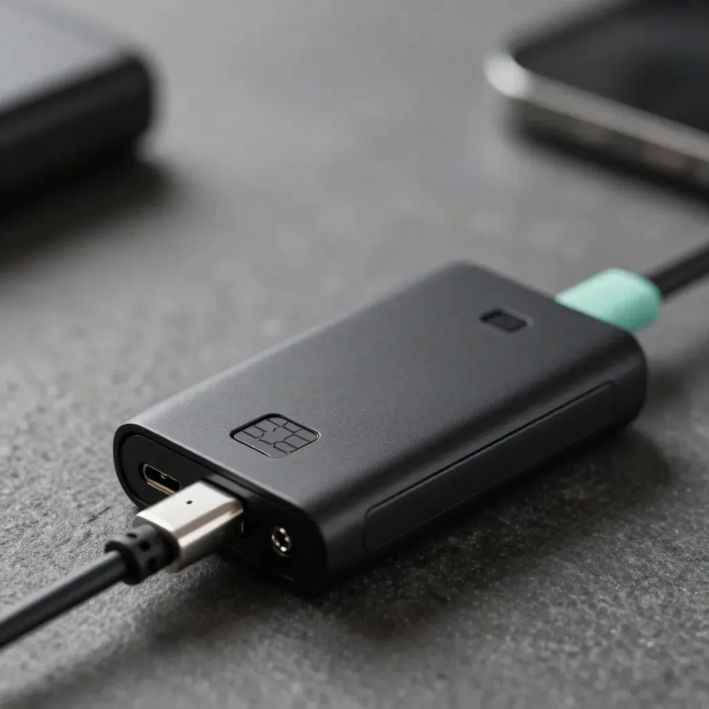 Top-down macro of a twin handset dock with SIM trays, cable and earpiece cradle on graphite stone.