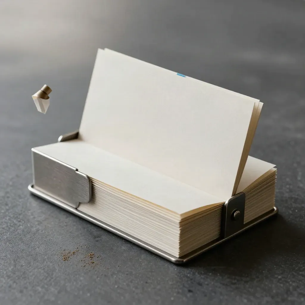 Brushed-steel holder with fanned blank reply cards and a folded booklet on matte graphite stone.