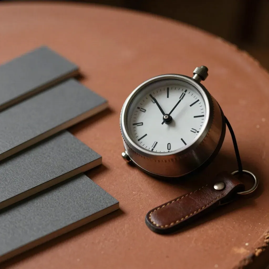 Mechanical desk timer with three metal scheduling tiles and a leather key fob on terracotta stone.