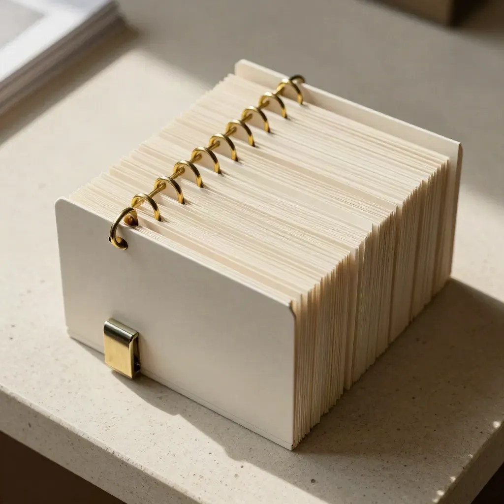 Top-down contact index box with fanned divider cards, brass rings, and a metal clasp on pale stone.