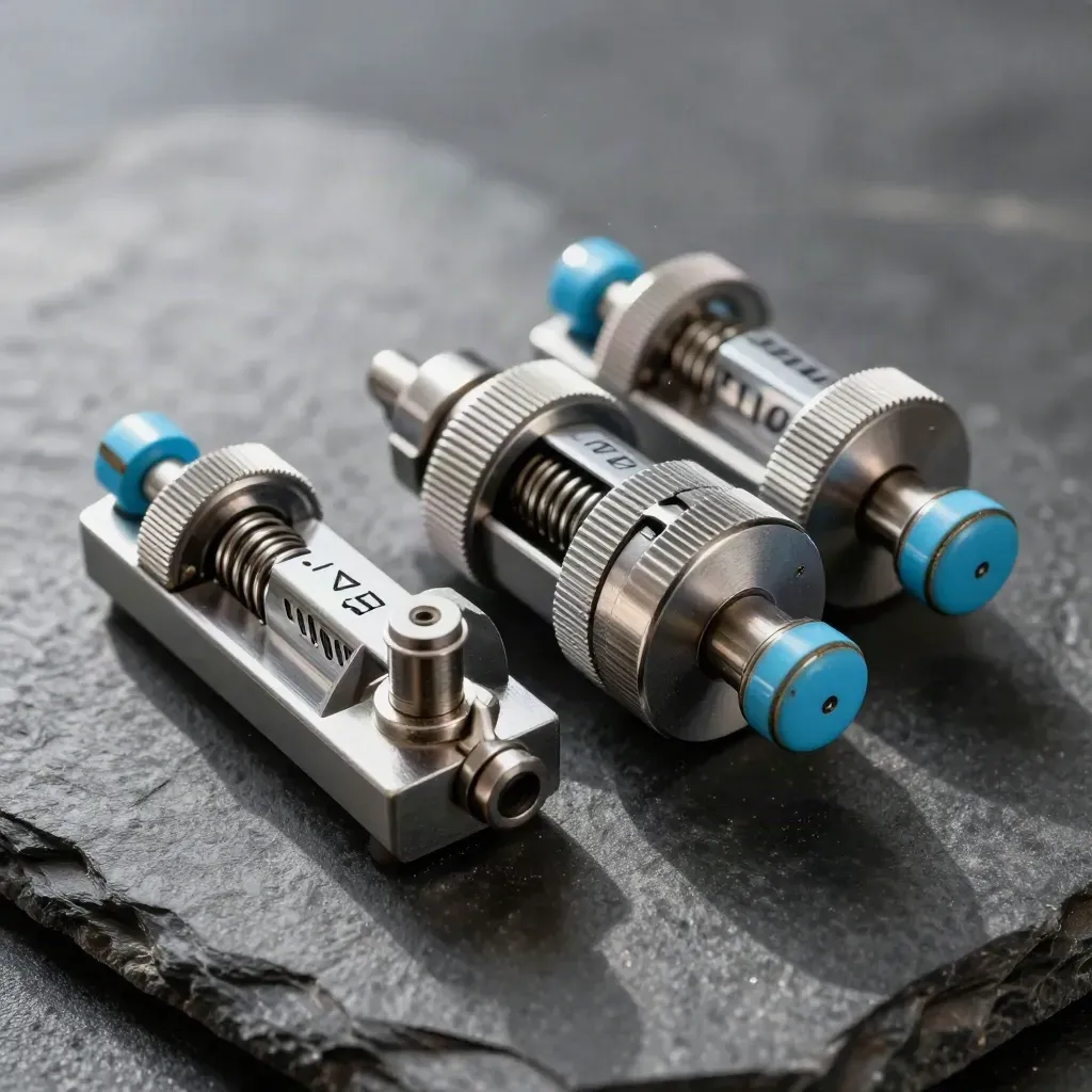 Three brushed-metal tally counters and adapter pins on dark slate, in tight overhead macro.
