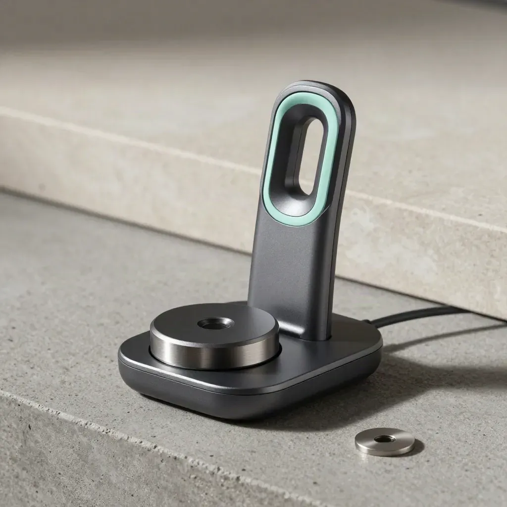 Brushed-metal reply dock, headset stand, and charging puck on concrete with mint accent.