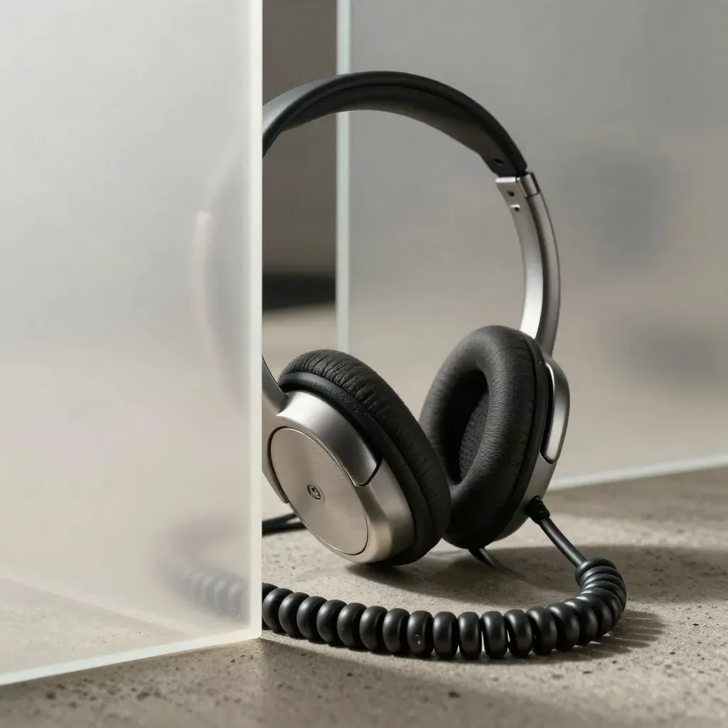 Close-up of a headset, handset cradle, and cable coil behind a frosted partition.
