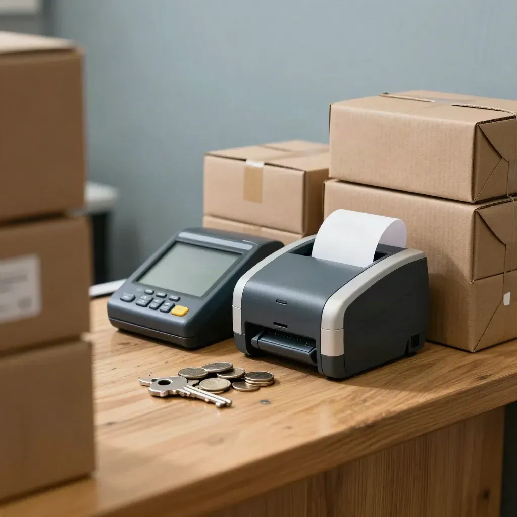 Receipt printer, card reader, and coin tray behind cartons on a shop counter.