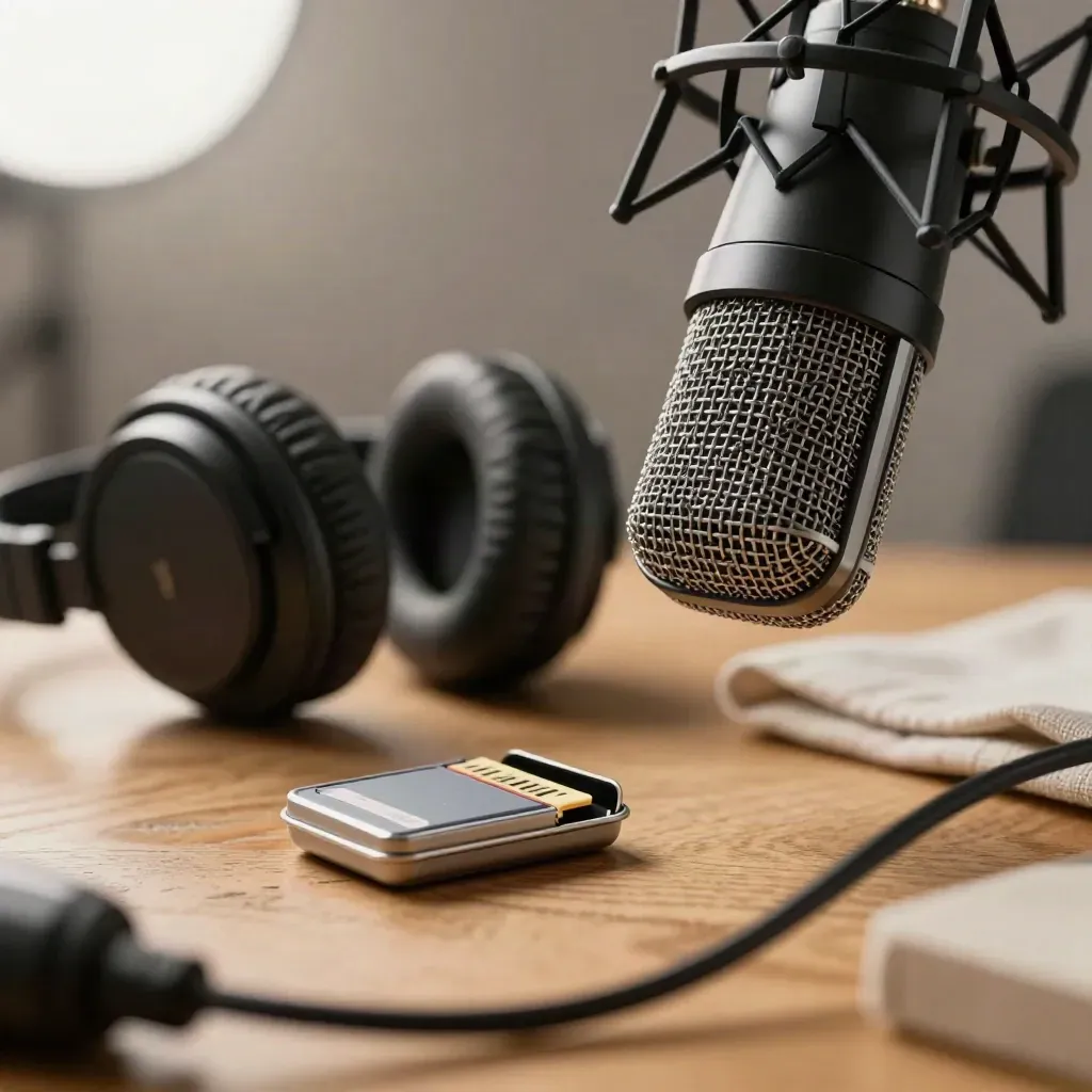 Podcast mic, headphones, and memory card tin on an oak tabletop, shot through a blurred boom arm.