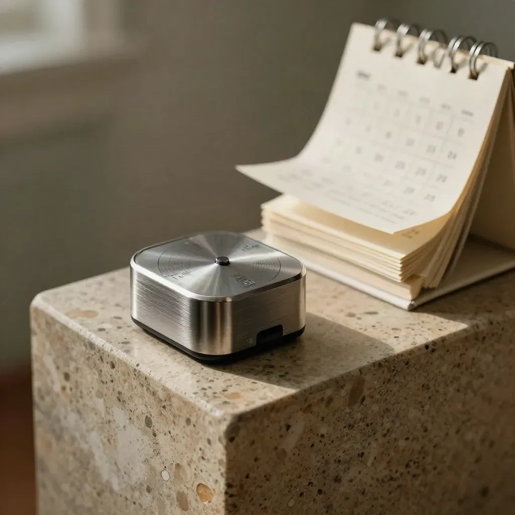 Brushed timer, clipped planning stack, and calendar block on travertine in soft daylight.