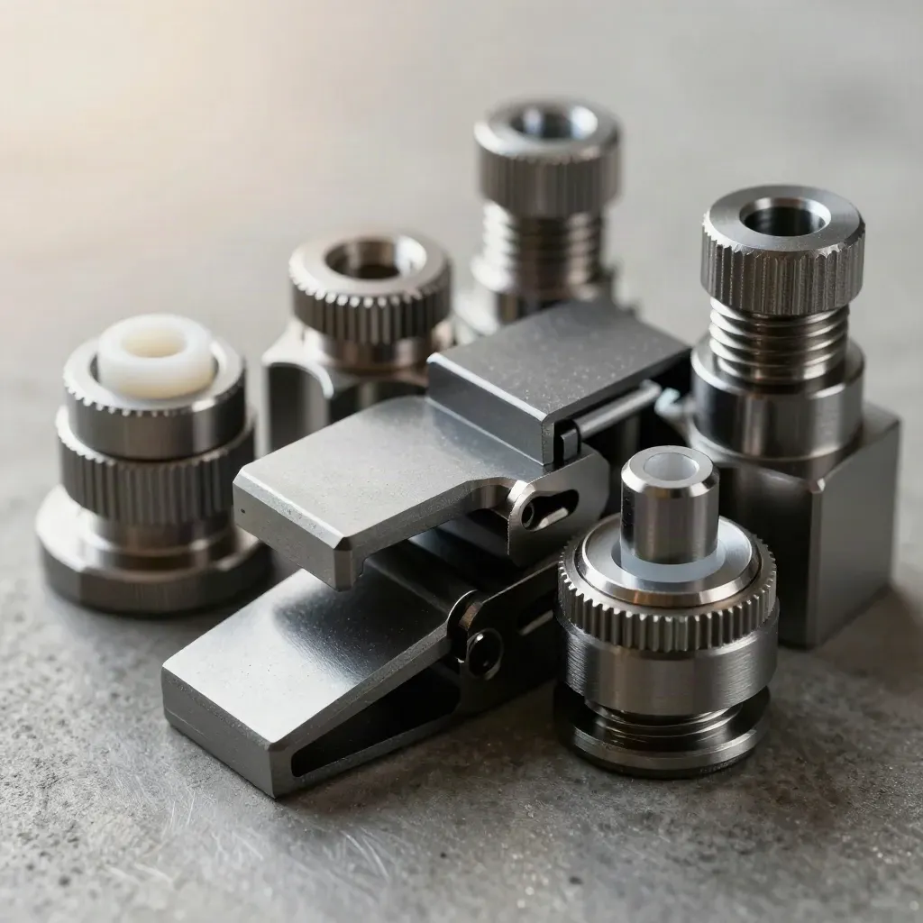 Machined tabs, locking brackets, and threaded fasteners clustered on brushed metal in hard side light.