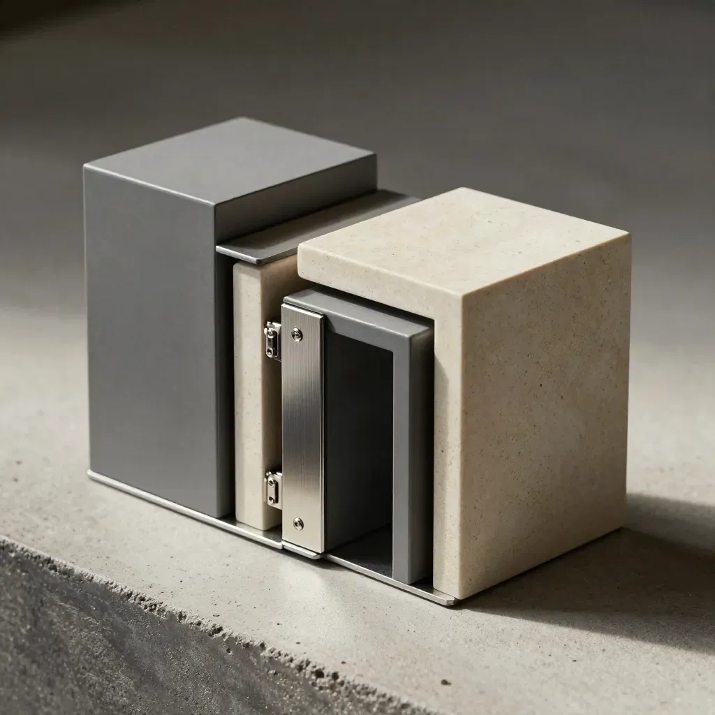 Graphite modular cubes and hinge plates stacked on pale concrete with dramatic side light