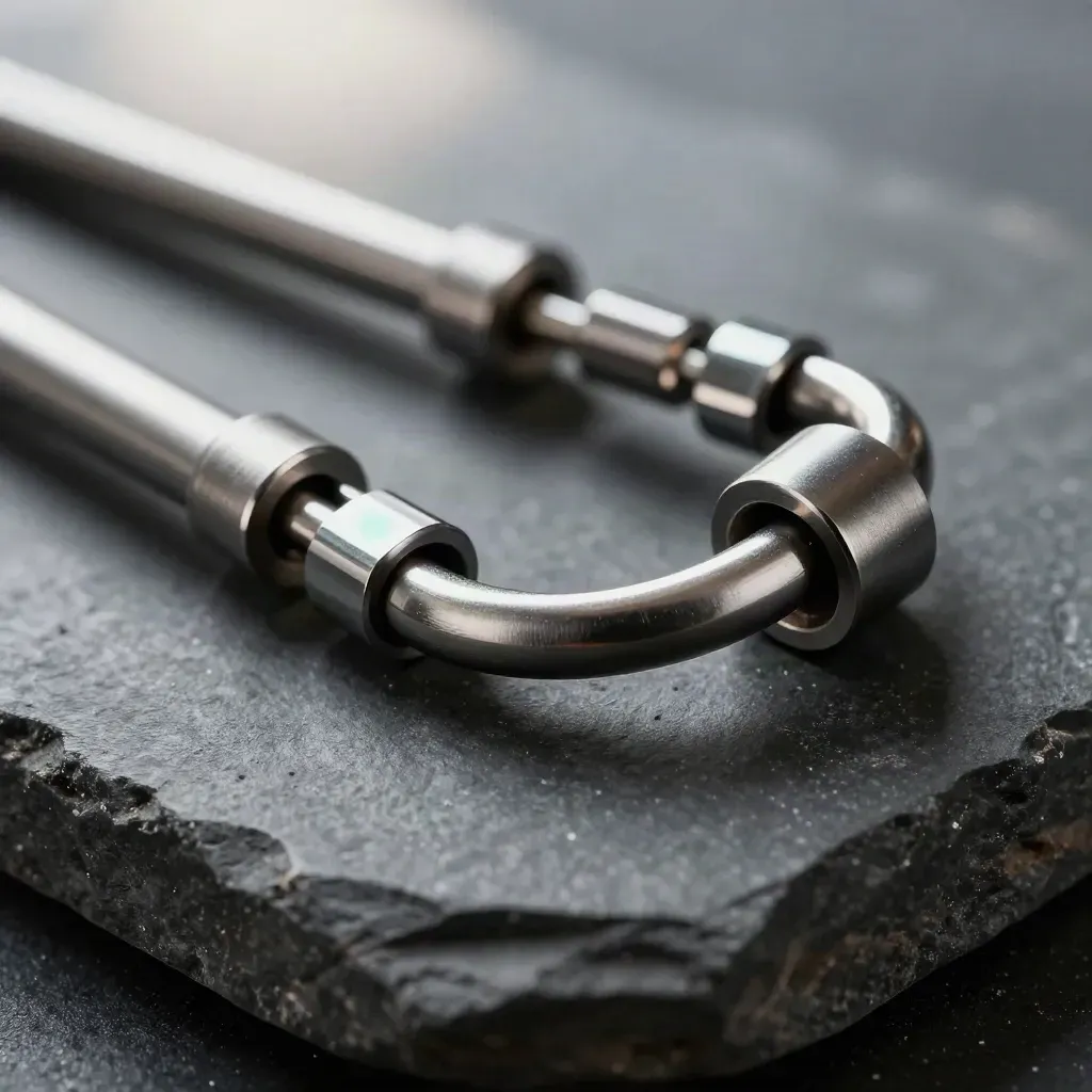 Linked metal rings and connector parts on dark stone in soft daylight, top-down macro