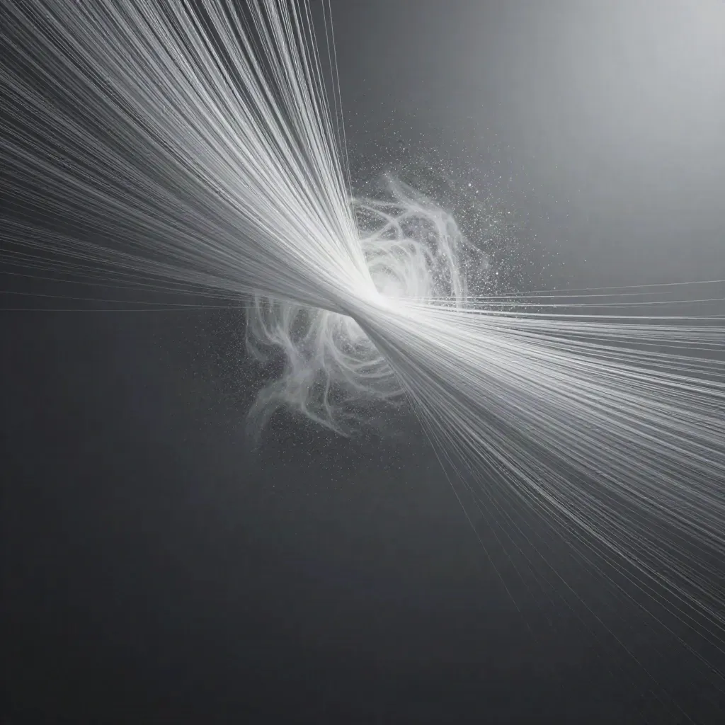 Silver filaments bloom in graphite space with drifting motes and a calm empty lower third.